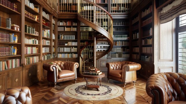 sophisticated home library with two-story bookshelves, a spiral staircase, and classic leather armchairs for timeless elegance