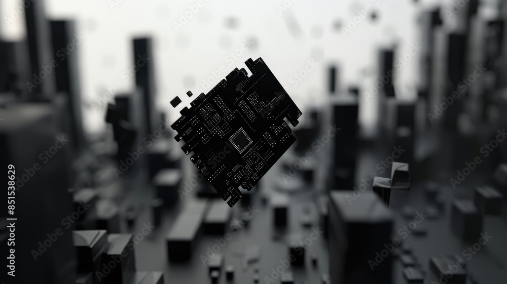 Poster falling microchips in mid-air on grey background. digital artwork and abstract image of black comput