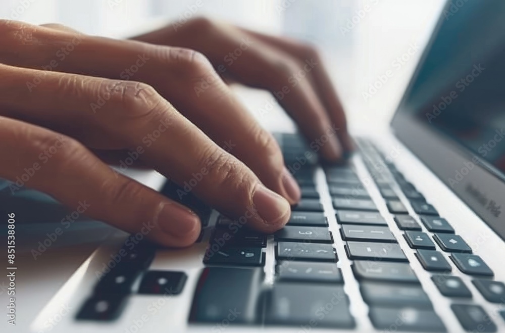 Poster closeup image of hands typing on a laptop keyboard with ambient lighting, illustrating computer work