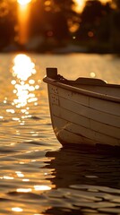Close-up of a White Boat Reflecting Golden Sunset Light on Calm Waters