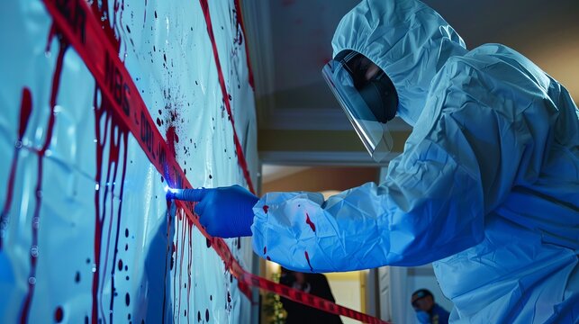 A blood spatter analyst observing a blood pattern on a wall in a crime scene , analyst in his uniform , gloves and head gear ,