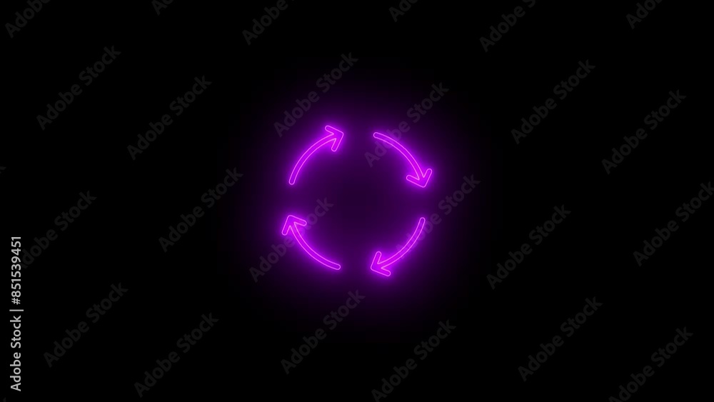 Poster neon arrow loading icon animation. neon arrow sign rotation on black background