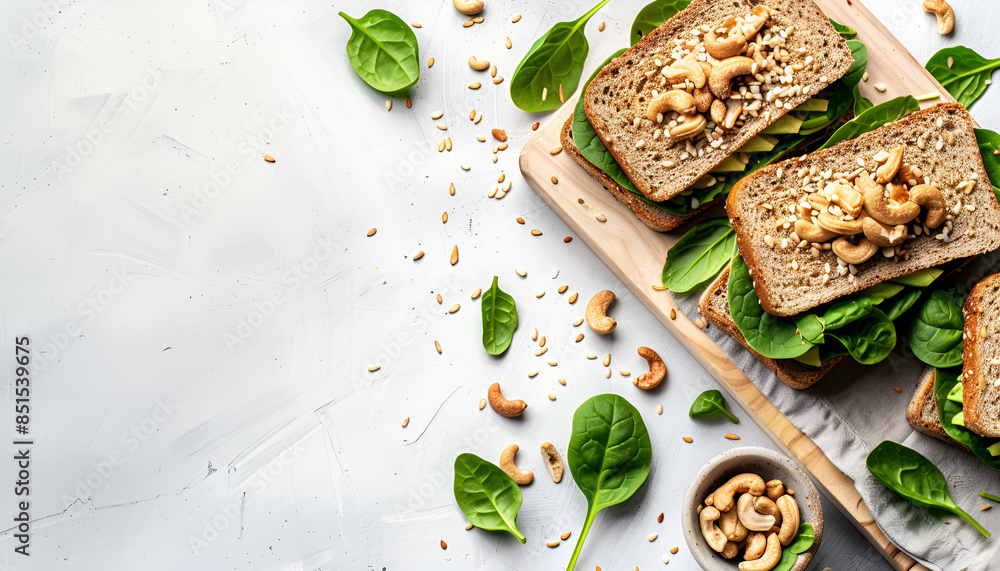 Wall mural Avocado sandwich or toast on rye bread with spinach, crushed cashew nuts and sesame seeds, on wooden board, on white table, top view, space for text