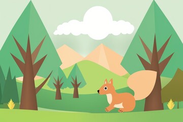 Naklejka premium Squirrel paper craft flat design front view park theme animation vivid