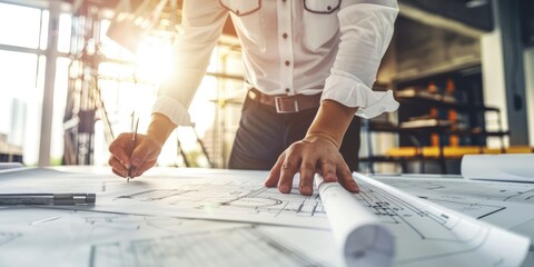 An architect is deeply engaged in designing blueprints at his office desk, displaying focus and creativity in his work AIG58