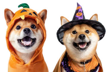 The happy puppy waring Halloween costume isolated on the white background