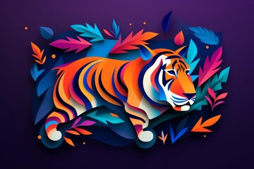 Fototapeta premium Tiger in Impressionism flat design, top view, jungle theme, animation, splitcomplementary color scheme