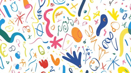 Seamless composition of lighthearted colorful doodles in artistic minimalist style, featuring uncomplicated childish scribble artwork