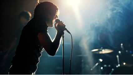 the rock star singing on the stage , in the background is the rock star concert. captured by dslr camera, in the style of cinematic