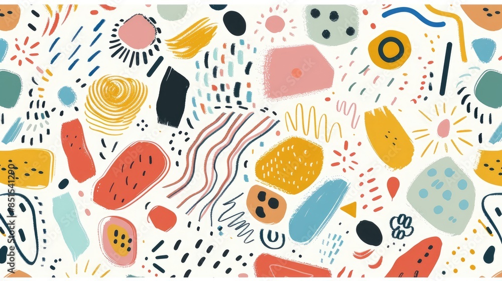 Poster seamless doodle pattern with colorful lines and basic shapes, perfect for a lighthearted, minimalist