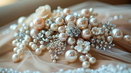 Exquisite pearl embellishments adorning bridal accessories, adding a touch of elegance to wedding attire. Abstract Backgrounds Illustration, Minimalism,
