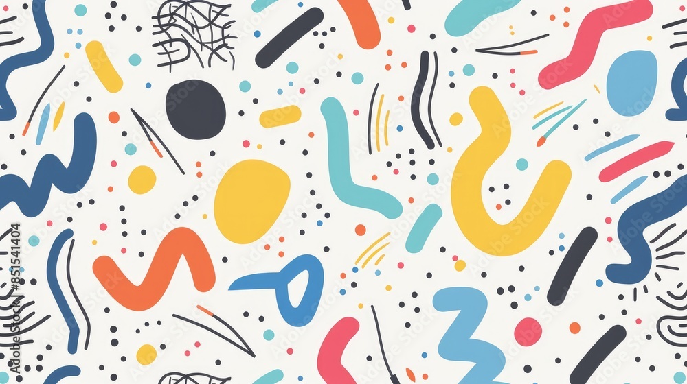 Poster seamless doodle pattern with colorful lines and basic shapes, perfect for a lighthearted, minimalist
