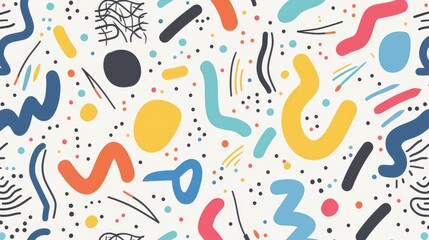 Seamless doodle pattern with colorful lines and basic shapes, perfect for a lighthearted, minimalist artistic backdrop for kids.
