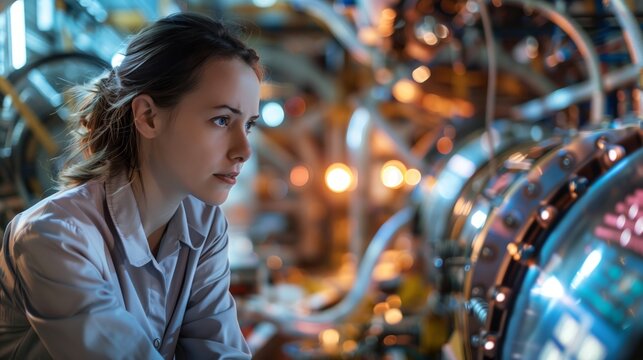 A female physicist studies data readouts with concern as complex machinery hums in the background.