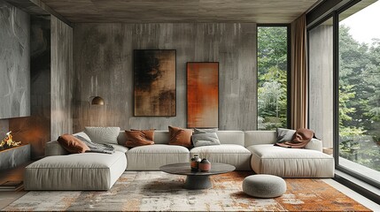 Modern living room interior with fireplace and comfortable furniture in a luxury home