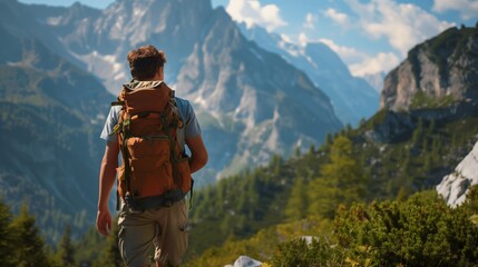 A man hiking in the mountains breathes in fresh air, symbolizing rejuvenation and health benefits.