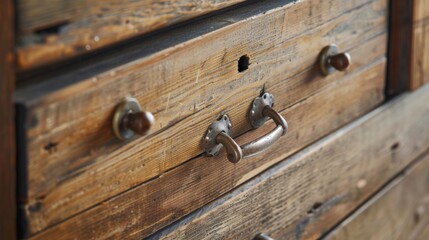 Close-up of rustic wooden drawer with metal handles, showcasing the texture and natural beauty of aged wood in a vintage storage piece.