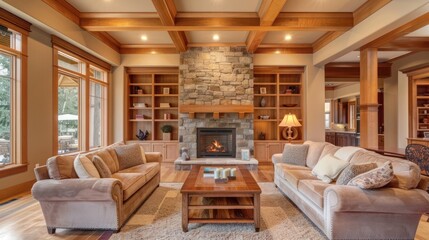 spacious craftsman-style living room with coffered ceilings, built-in bookcases, and a stone fireplace for a cozy, inviting space