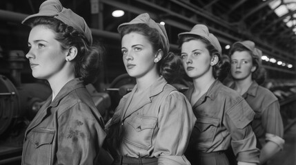 group of women working together from war time black and white effect 