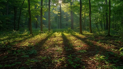 Obraz premium Sunlight filtering through dense foliage, casting intricate shadow patterns on the forest floor, evoking a sense of serenity and tranquility. Abstract Backgrounds Illustration, Minimalism,