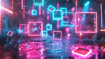 3D rendering of neon glowing geometric shapes
