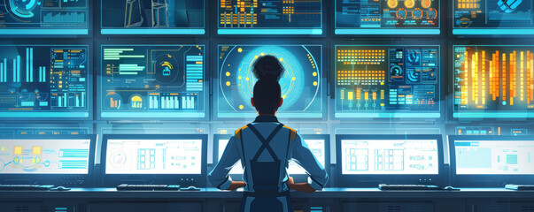 AI-Powered Industrial Automation. Female Engineer Monitoring Smart Factory Systems in a Control Room.