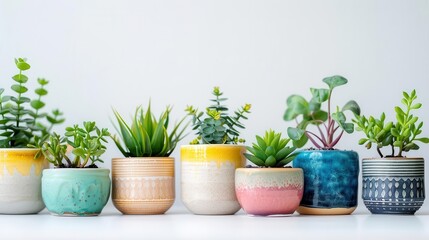 Fototapeta premium Classroom plants with colorful, artistic pots on a clean white background look stunning.