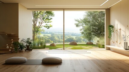 Fototapeta premium spacious yoga studio at home with minimalist decor, calming colors, and a large window facing a serene landscape
