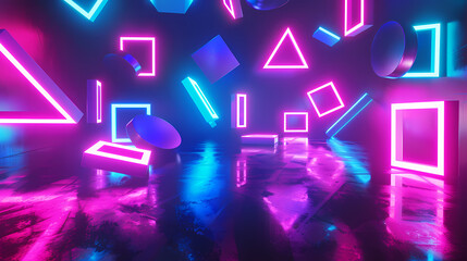 3D rendering of neon glowing geometric shapes