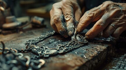 Close-up of skilled hands crafting a detailed piece of jewelry on a rustic workbench, emphasizing artistry and craftsmanship.