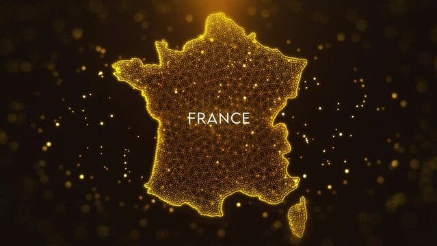 Digital Space Golden Yellow Shiny Blurry Focus Wavy Glitter Sparkle Dust Particles of France Map and Text Motion Reveal with Light Flare