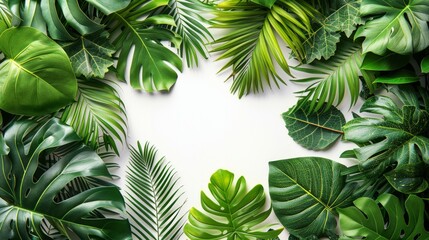 A lush frame of vibrant tropical leaves creating a natural border, perfect for nature-themed designs, invitations, and eco-friendly campaigns