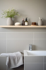 Fototapeta premium Modern luxury bathroom interior in natural grey and beige colors
