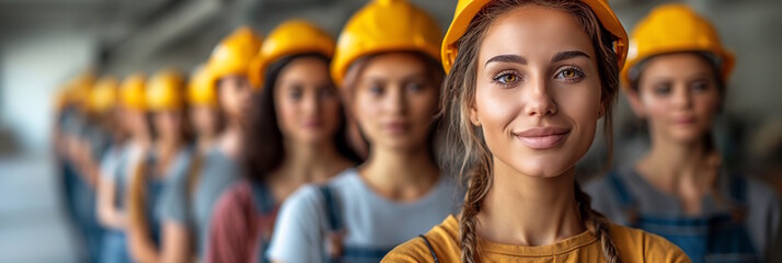 Group of young women in hard hats, concept of empowerment and teamwork, Labor Day
