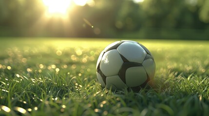 Fototapeta premium Football stadium with a ball on the grass, shot from a wide angle view.