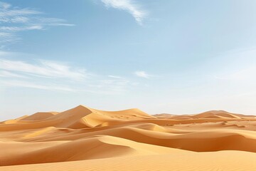 Visualize a serene desert landscape, with rolling golden brown sand dunes stretching towards the horizon under a clear blue sky,