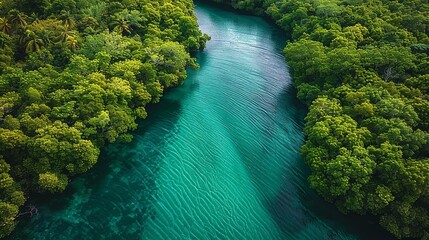 A winding river cutting through a dense forest, its crystal-clear waters reflecting the vibrant colors of the surrounding foliage. Abstract Backgrounds Illustration, Minimalism,