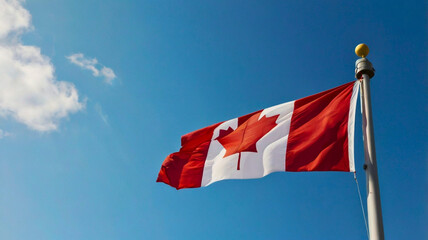 Celebrate Canada Day with This Stunning Image of the Canadian Flag Waving in the Wind, Framed by a Perfect Blue Sky.