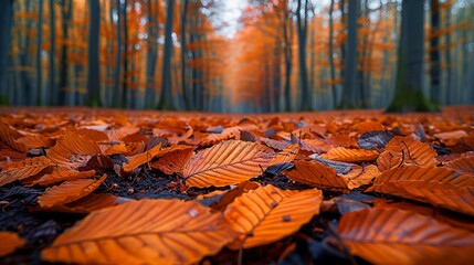 A carpet of fallen leaves covering the forest floor, their rich autumnal hues creating a warm and inviting atmosphere. Abstract Backgrounds Illustration, Minimalism,