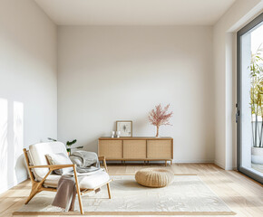 Living room interiors with minimalist deco in a luxury apartment. Residential Real Estate interior design composition