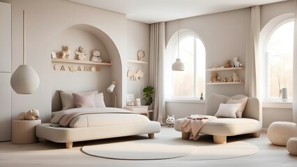 A cozy and modern kids living room with a minimalist design, neutral light brown color theme, toys, teddy bear, children bedroom
