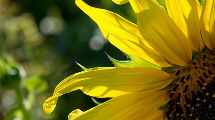 Summer sunflower, macro shot, vibrant yellow petals, bright sunlight, sharp focus, green field backdrop.