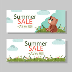 Fototapeta premium Summer discount coupon. The illustration shows a summer discount coupon. The coupon shows a bear on the grass