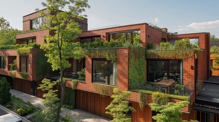 Street view of an eco-house with breathing brick walls, neighbors and trees, top third copy space