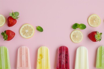 Assorted Popsicles with Strawberries and Lemon Slices on Pink Background