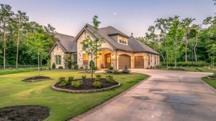 Large home with beautifully landscaped front yard, perfectly symmetrical and ideally located on the expansive driveway. Its walls are dark gray, green lawns, lush shady trees, bright flowers.