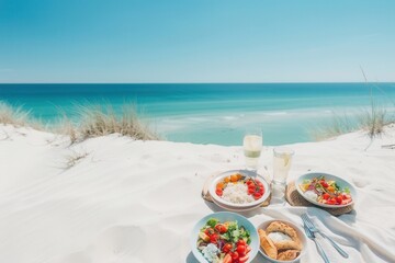 Obraz premium Beach Picnic with Fresh Food on Sandy Dunes