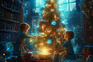 Fototapeta premium Kids near christmas tree, gifts, confetti, toys, christmas light, background vintage 