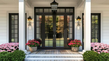 Fototapeta premium black front door with white trim and columns, farmhouse style home exterior, white accents, potted flowers on porch, ornate architecture,