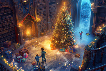 Obraz premium Kids near christmas tree, gifts, confetti, toys, christmas light, background vintage 